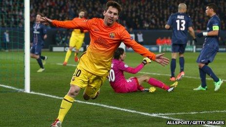 Lionel Messi celebrates a goal against PSG in a Champions League match. Photo: April 2013