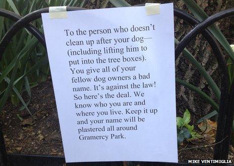 A note to a dog owner threatening to expose the fact that they don't pick up their dog mess