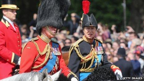 Prince Charles, Prince of Wales and Princess Anne, Princess Royal on horseback during the annual Trooping the Colour Ceremony at Buckingham Palace