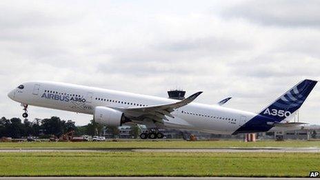 The Airbus A350 takes off successfully on its maiden flight at Blagnac airport near Toulouse, southwestern France