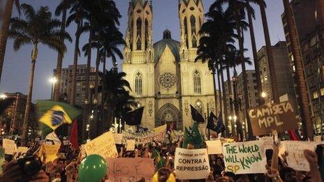 Demonstrators gather in the Praca da Se square in Sao Paulo