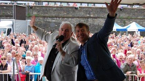 BBC Radio Ulster's Hugo Duncan and singer Dominic Kirwan at Guildhall Square for Music City