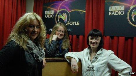 BBC Radio Foyle's Eve Blair, left, with singers Eildh Patterson and Bronagh Gallagher