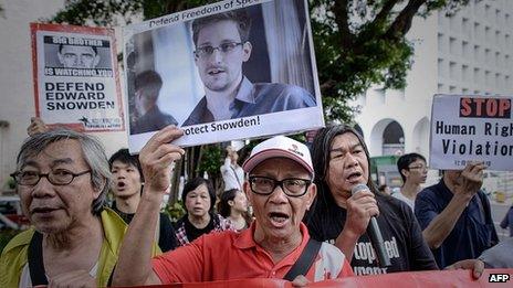 Supporters of Edward Snowden in Hong Kong. 13 June 2013