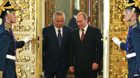 Islam Karimov with Russian President Vladimir Putin in the Kremlin in April 2013