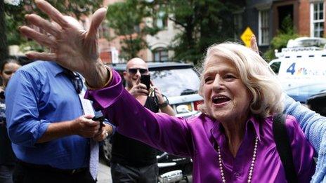 Edith Windsor celebrates after the Supreme Court ruling in her case in New York 26 June 2013
