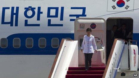 South Korean President Park Geun-hye arrives in Beijing on 27 June 2013