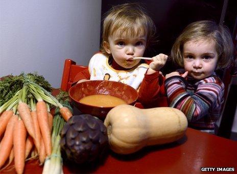 Two French children sit next to lots of vegetables