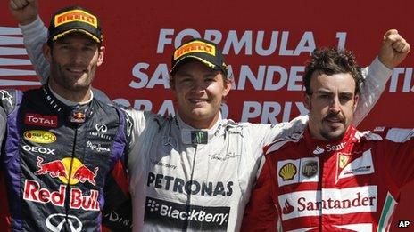 Nico Rosberg of Germany, centre, Mark Webber of Australia, left and Fernando Alonso of Spain, right