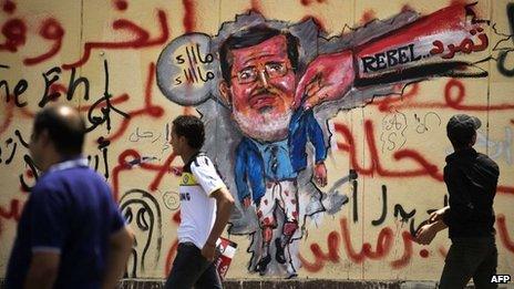 Protesters walk past graffiti depicting Mohammed Morsi near the presidential palace in Cairo (1 July 2013)