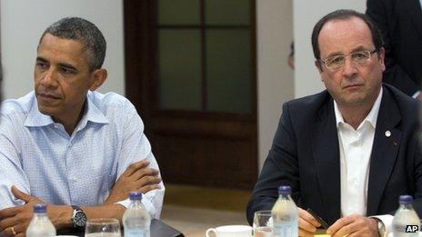 US President Barack Obama, left, and French President Francois Hollande at the G8 Summit June 18, 2013