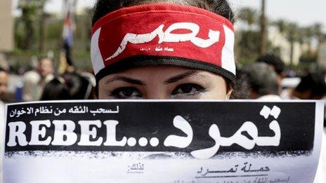 Protester holds up a Tamarod petition in Cairo (17 June 2013)