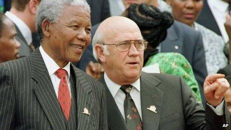 Nelson Mandela (left) and FW de Klerk (right) pictured in 1996 when respectively president and deputy president of South Africa