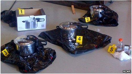 Pressure cookers to be used as explosive devices, in Victoria, British Columbia 1 July 2013