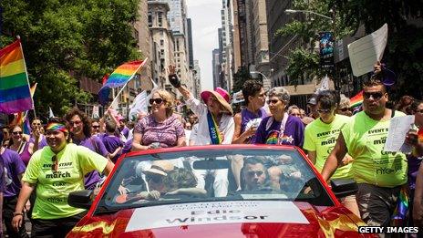 Edie Windsor, who brought the Doma case to the Supreme Court, celebrates at the New York Gay Pride march