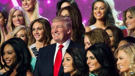 Donald Trump poses for a photo with the competitors during rehearsal for the Miss USA competition in Las Vegas on 15 June 2013