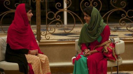 Malala Yousafzai (left) and Shazia Ramzan chat after meeting for the first time last week since the attack on Malala in October