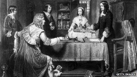 British politician Lord Danby (seated left) offers a bribe of 1,000 guineas to the British poet and MP Andrew Marvell - circa 1660