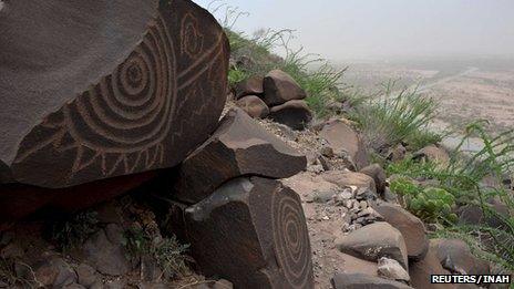 Ancient rock etchings, or petroglyphs, are seen in Narigua in the hills of southern Coahuila, file image