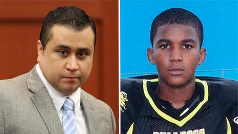George Zimmerman at trial (left) and family photo of Trayvon Martin (right)