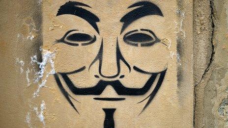 A graffiti stencil painting of the V for Vendetta mask
