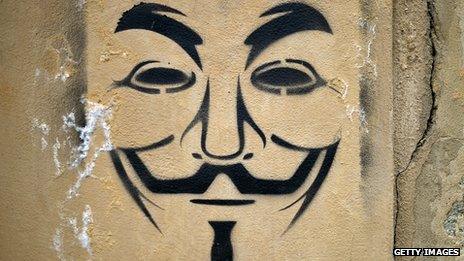 A graffiti stencil painting of the V for Vendetta mask