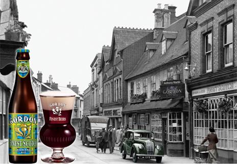 Gordon Scotch Ale advert with tartan and ye olde worlde village scene