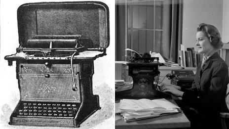 One photo shows the first Remington typewriter made in 1873. The second image is of a secretary modelling the earliest typewriter in about 1950