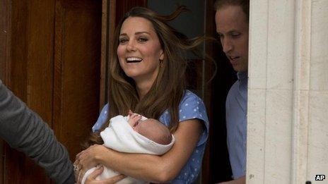 Duke and Duchess of Cambridge outside the Lindo Wing of St Mary's Hospital with their new baby boy on 23 July 2013