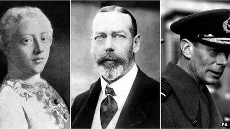 Composite file photo of King George III, King George V and King George VI