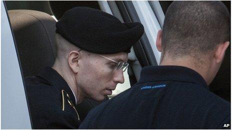 Bradley Manning arrives at court in Fort Meade, Maryland on 26 July 2013