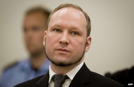 Anders Behring Breivik in court in Oslo, 24 August 2012