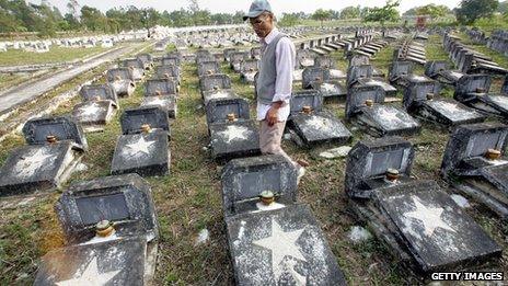 A Vietnamese man walks among graves for unidentified soldiers killed in the war