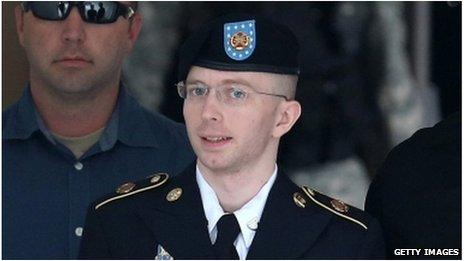 Pte Bradley Manning is led out of the courtroom after his espionage conviction in Fort Meade, Maryland 30 July 2013