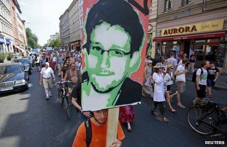 A poster of Edward Snowden at a rally in Berlin, 27 July
