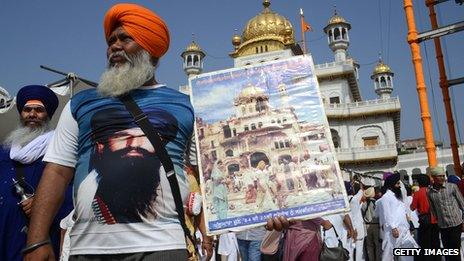 Supporters of the late Jarnail Singh Bhindranwale in Amritsar