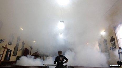 A worker fumigates in a church in Tegucigalpa on 22 June 2013