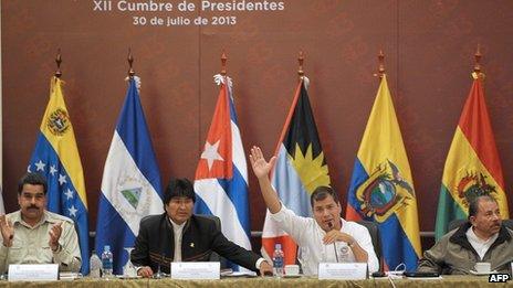 Leaders of Venezuela, Bolivia, Ecuador and Nicaragua at Alba summit, 30 July 2013