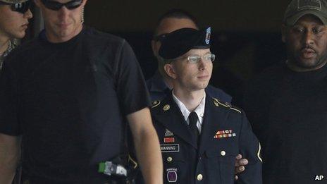 Bradley Manning is escorted out of a military court in Maryland (30 July 2013)