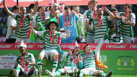 Yeovil players celebrate winning League One play-off final