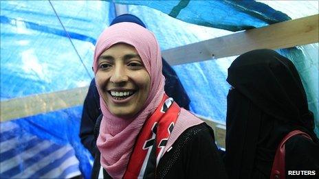 Tawakul Karman in her tent in Change Square in Sanaa on 8 October 2011