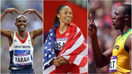 Mo Farah, Allyson Felix and Usain Bolt