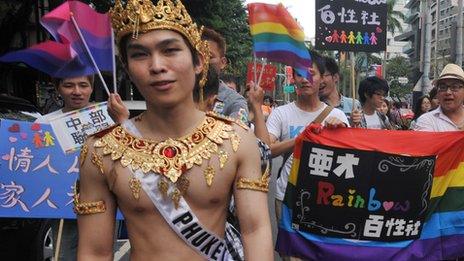 Participants in a gay parade in Taipei in October 2012