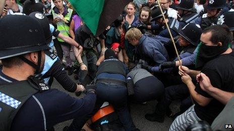Police and protestors clash in Balcombe, West Sussex.