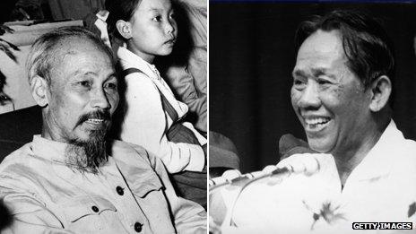 Ho Chi Minh, and Le Duan, communist era leaders of Vietnam