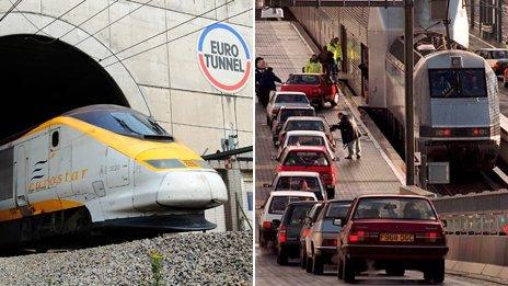 Two photos: One of the Eurostar emerging from a tunnel and the other of cars queuing to enter the shuttle