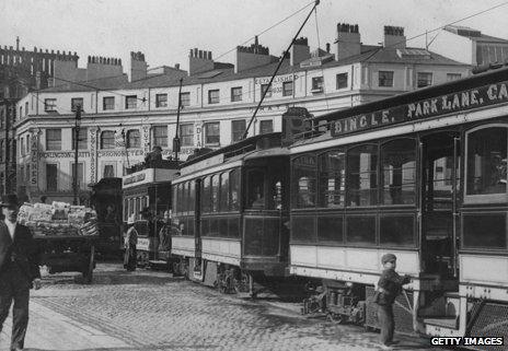 An old photo of an electric tram in Liverpool