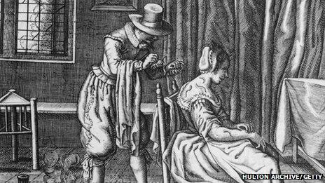 A doctor applies leeches to the back of a female patient as a means of letting blood in the 17th Century