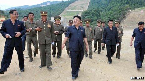 North Korean leader Kim Jong-un tours the construction site of the planned Masik ski resort with an entourage of military leaders