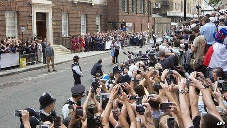 The crowd outside the Lindo Wing of St Mary's Hospital on 23 July 2013